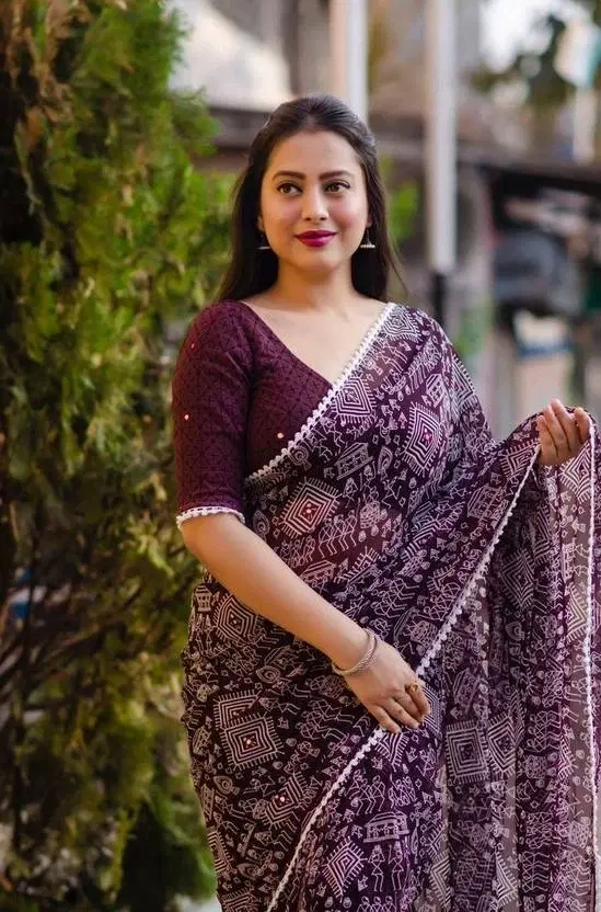 Georgette Printed Saree for Women, Wine