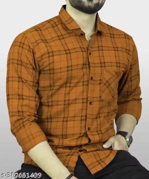 Cotton Blend Checkered Shirt for Men, Brown (M)