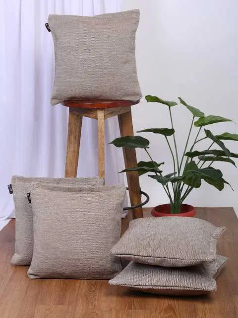 Klotthe Self Design Cotton Blend Cushion Covers, Biege, 30X30 Cm, Set of 5, K-27
