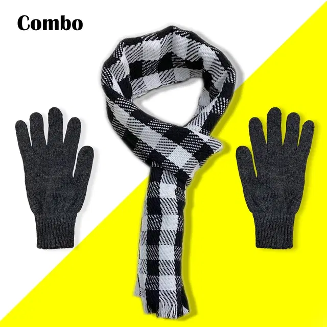 Woolen Checked Mufflers with Gloves for Men & Women, Set of 2 (Black & White)