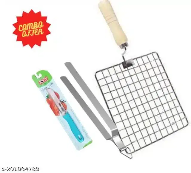 Stainless Steel BBQ Grill with Cooking Tong & Kitchen Knife, Blue & Silver, Set of 3
