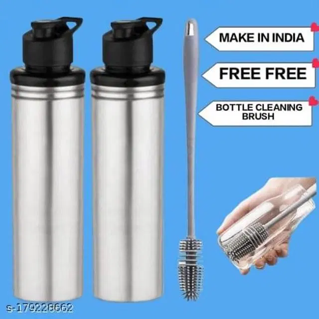Stainless Steel 2 Pcs Water Bottle, 1000 ml with Cleaning Brush, Silver, Set of 3