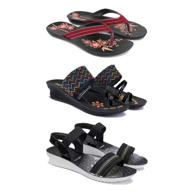 Flats with Heels & Sandals for Women, Set of 3 (Multicolor, 5)