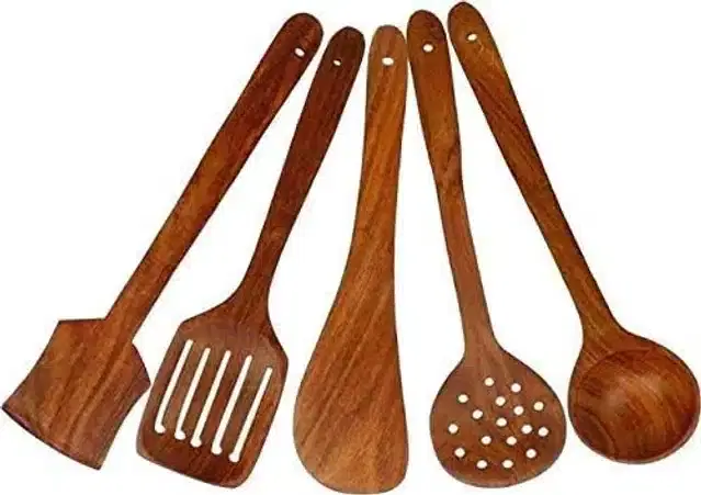 Wooden Cooking & Serving Spoons, Brown, Set of 5