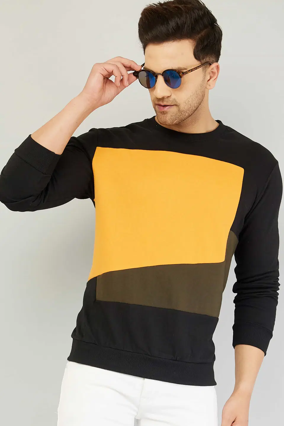 GESPO Mens Full Sleeve Colour Block Sweatshirt (Black, S) (S89)