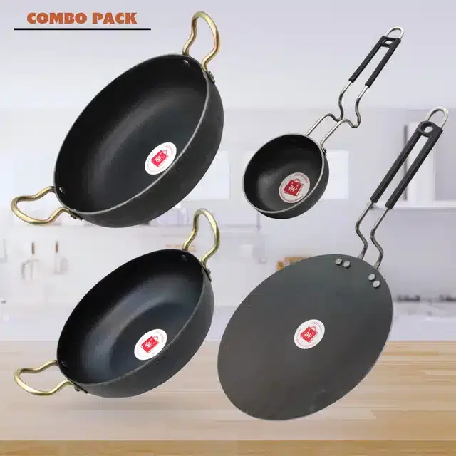 Frying Pan & Tawa Set, Pack of 4, Black, 1200 ml