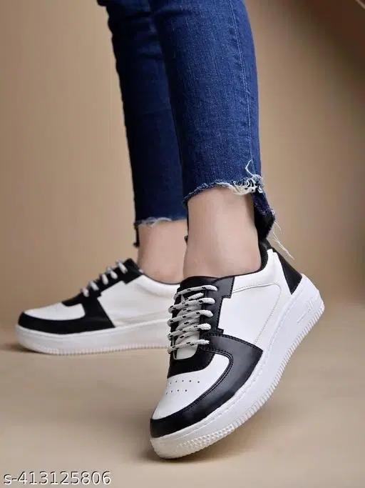 Solid Synthetic Sneakers for Women (Black, IND-3)