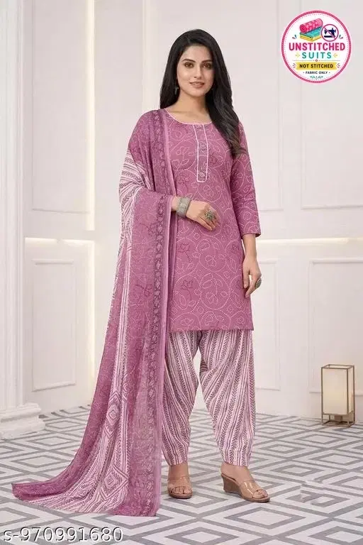SIMPLYETHNIC Cotton Blend Printed Salwar Suit Set for Women (Pink, L)