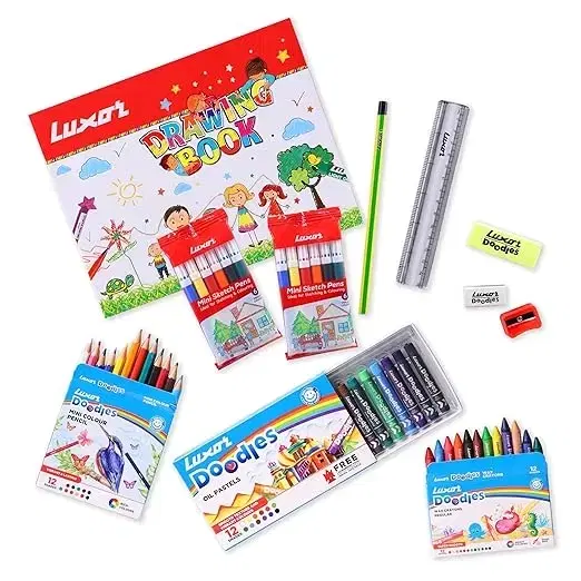 Luxor Doodles Artistic Kit Set Of Mini Sketch Pen, Oil Pastels, Coloring Book, Pencil, Sharpner, Eraser & Scale (Pack of 1)
