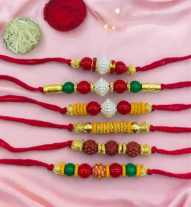 Handmade Designer Rakhi with Roli Chawal, Multicolor, Pack of 6