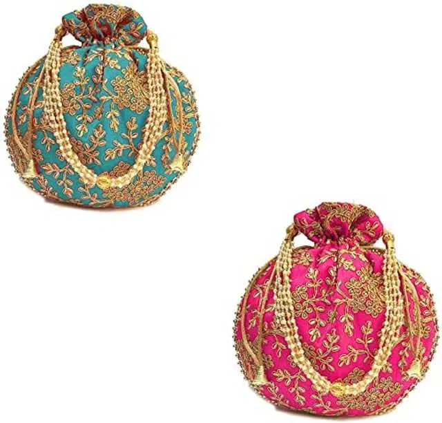 Cotton Silk Ethnic & Traditional Handheld Potli for Women, Blue & Pink, Pack of 2, A-10