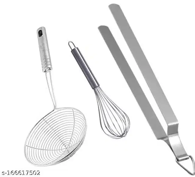 Stainless Steel Deep Frying Strainer with Whisk & Cooking Tong, Silver, Set of 3