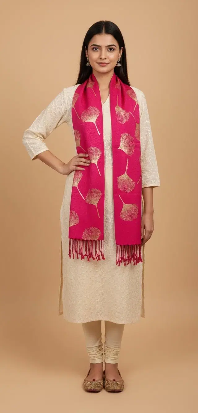 Women Viscose Jacquard Gold Printed Scarf, Pink
