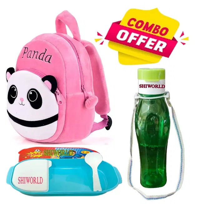 Combo of Fabric School Bag, Water Bottle with Lunch Box for Kids, Multicolor, Set of 3