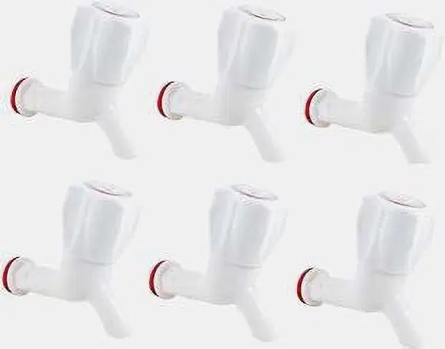 Plastic Short Body Bib Cock Tap with Wall Flange, White, Set of 6