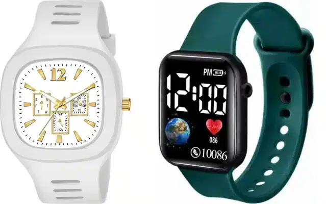 Analog with Smartwatch Combo for Men, Pack of 2 (White & Teal)