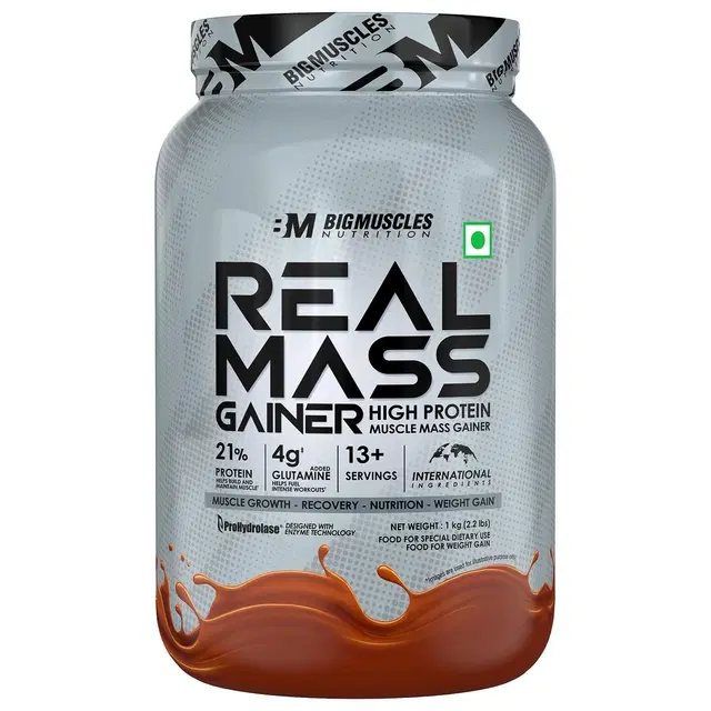 Bigmuscles Nutrition Real Mass Gainer [ Rich Chocolate]|Lean Whey Protein Muscle Mass Gainer|Complex Carbohydrates,|1000 Calories|Reduces Muscle Breakdown|Boosts Metabolism, 1 Count, 1000 g