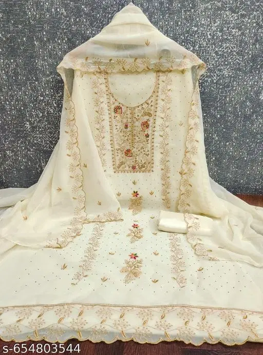 Georgette Punjabi/All Over Suits Semi-Stitched Suits (White, 6.05 meter for Women (M)