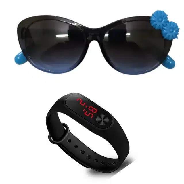 UV Protected Sunglass with Digital Watch for Boys & Girls, Set of 2 (Blue & Black)
