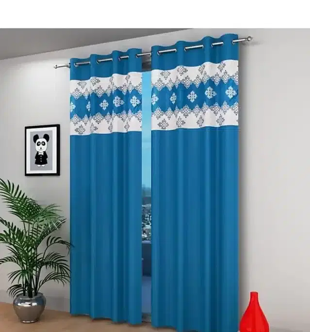 Polyester Patch Worked Window & Door Curtains, Pack of 2, Aqua Blue, 5 feet