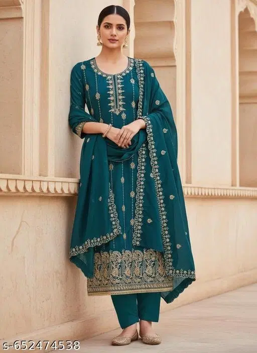 Vichitra Silk Punjabi/All Over Suits Semi-Stitched Suits (Blue, 6.65 meter for Women (XXL)