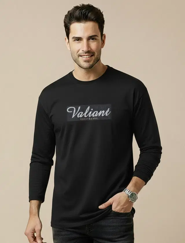 Polyester Printed T-shirt for Men, Black (XL)