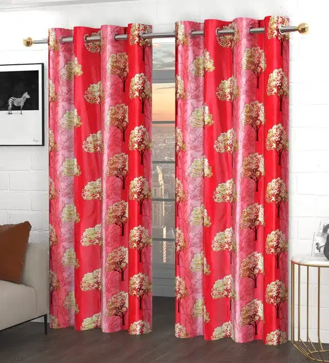 Polyester Printed Window Curtains, Pack of 2, Red, 5 feet