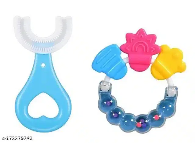 Silicone Toothbrush with Rattle Toy for Infants, Multicolor, Set of 2