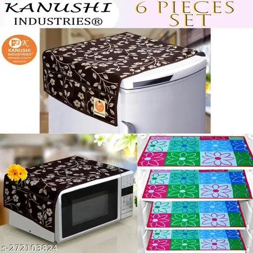 KANUSHI Industries® 1 Pc Microwave/Oven Top Cover + 1 Pc Fridge/Refrigerator Top Cover + 4 Fridge Mate (Color-Brown) (Micro+FRI-Brown-Raj+M-28-04)