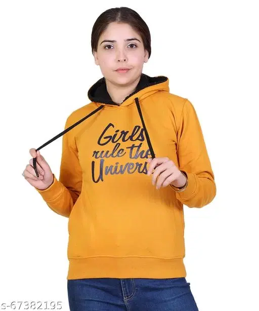 Cotton Blend Printed Hoodie for Women (Yellow, L)