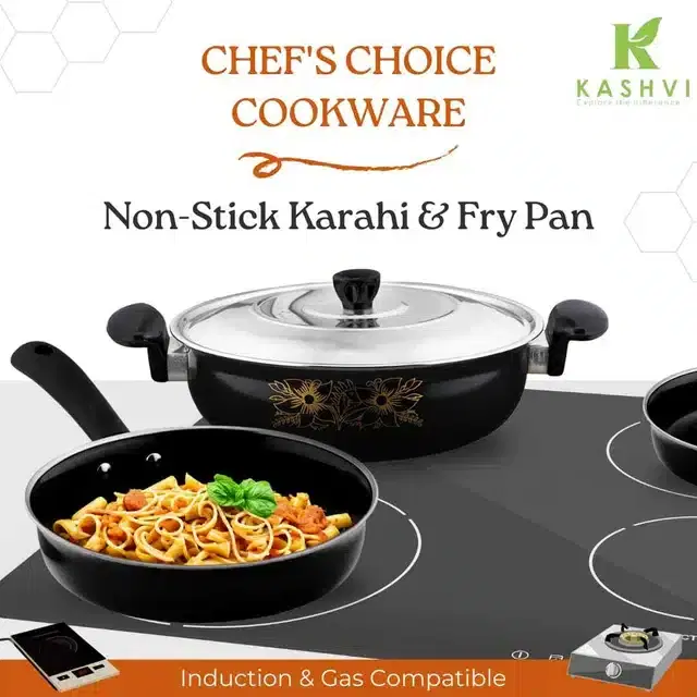 Non Stick Kadai with Stainless Steel Lid & Frying Pan, Black, Set of 2