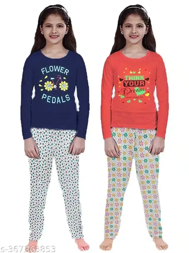 Cotton Nightsuit Set for Girls, Set of 2 (Multicolor, 2-3 Years)
