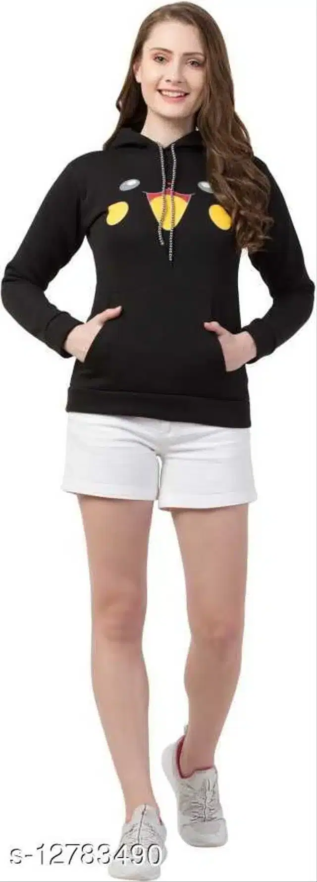 Woolen Printed Full Sleeves Hooded Sweatshirt for Women (Black, S)