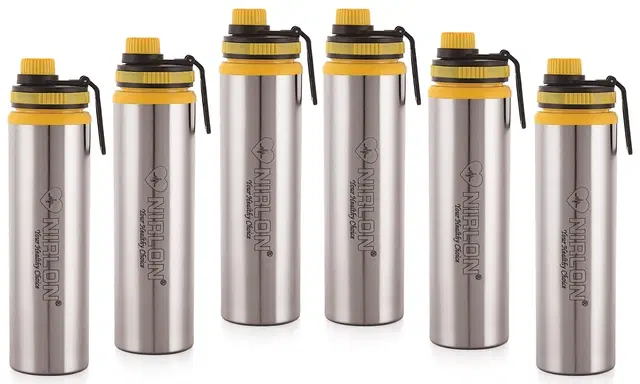 Nirlon Eco Star Stainless Steel Water Bottle 900Ml, Water Sipper Bottles For Fridge, School,Gym,Home,Office,Boys, Girls, Kids, Leak Proof(Yellow Colour | Set Of 6)