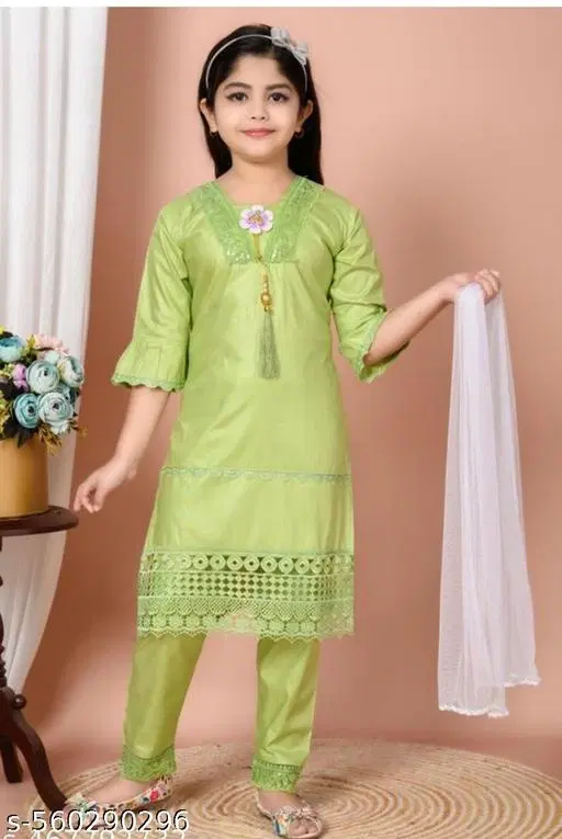 Solid Rayon Kurta Set for Girls (Green, 0-3 Months)