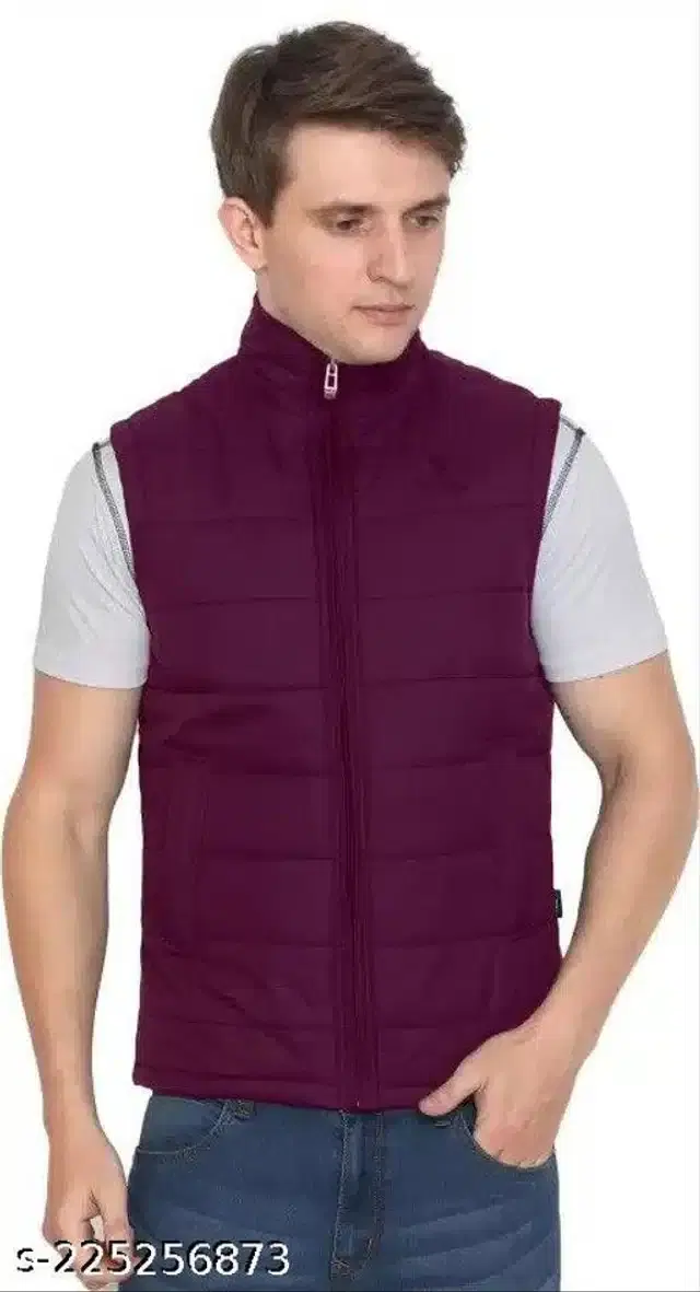 Polyester Sleeveless Solid Jacket for Men (Wine, L)