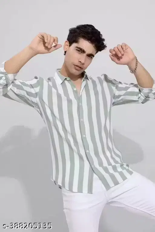 Cotton Blend Striped Shirt for Men, White & Green (M)