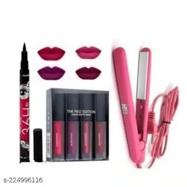 Liquid Lipstick & Eye Liner with Mini Hair Straightener, Set of 3