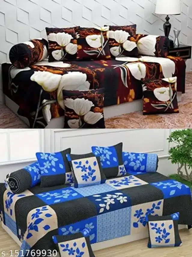 Polycotton Diwan Cover Set, Brown & Blue, Combo of 2