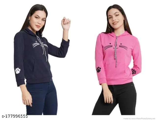 Polyester Hoodie for Women, Pack of 2 (Navy Blue & Pink, S)
