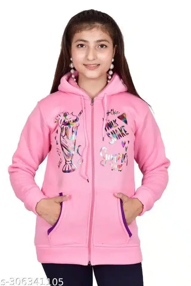 Woolen Full Sleeves Hooded Sweatshirt for Girls (Light Pink, 10-11 Years)