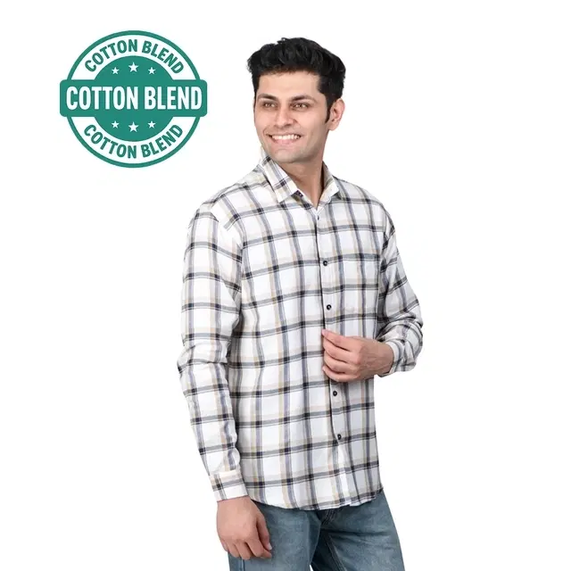 Cotton Blend Full Sleeves Chequered Shirt for Men, White (XL)