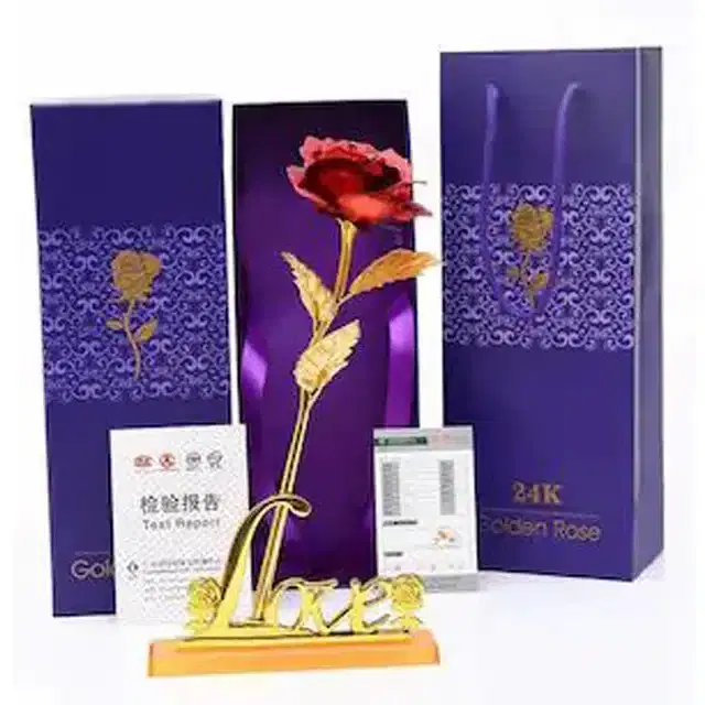 24K Gold Plated Artificial Rose Flower with Love Stand, Red