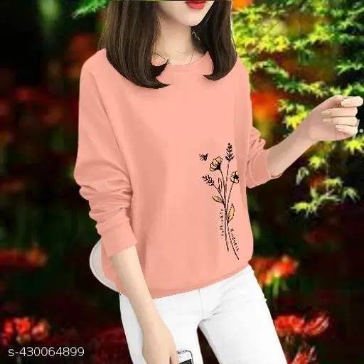 Cotton Printed Sweatshirt for Women (Peach, XS)