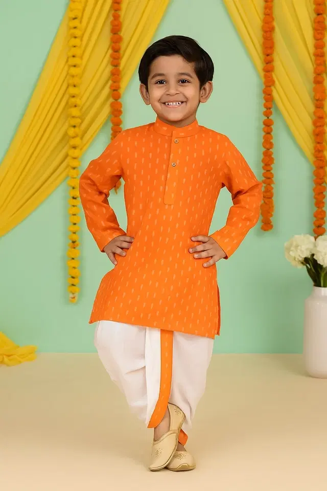Cotton Blend Printed Kurta & Paints Set for Boys , Orange (2-3 Years)