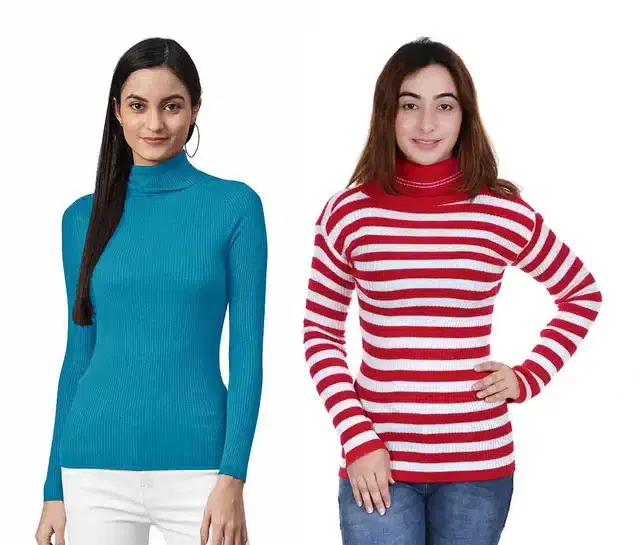 Full Sleeves Solid Sweater for Women, Pack of 2 (Aqua Blue & Red, S)