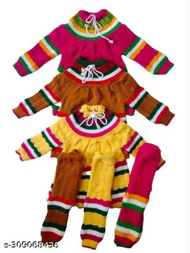 Woolen Sweater & Pant for Girls, Set of 3 (Multicolor, 3-6 Months)