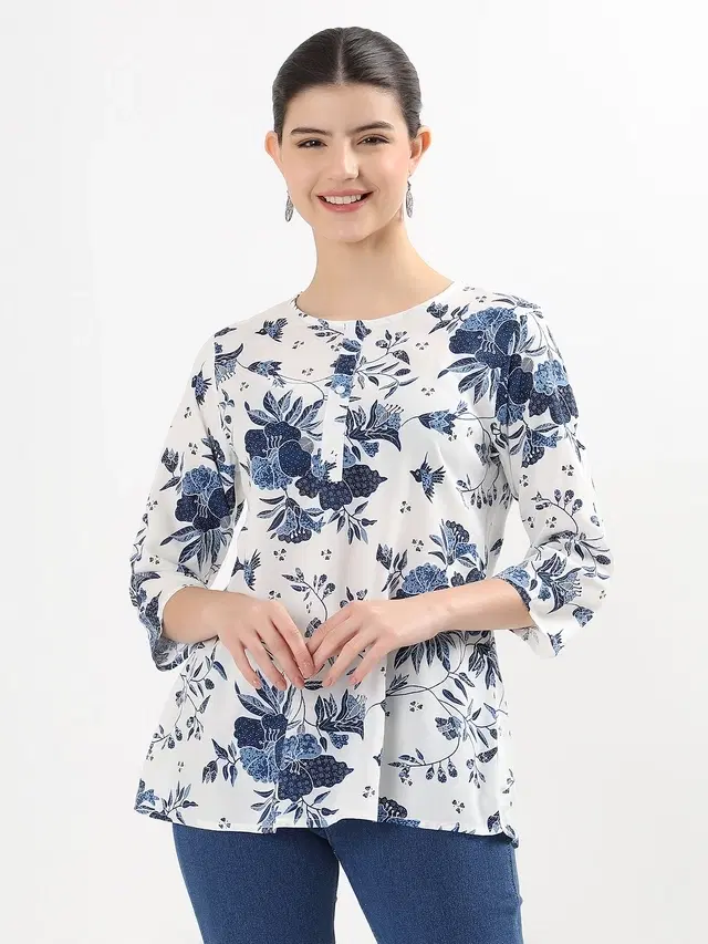 Rayon Floral Print Top for Women, White (S)