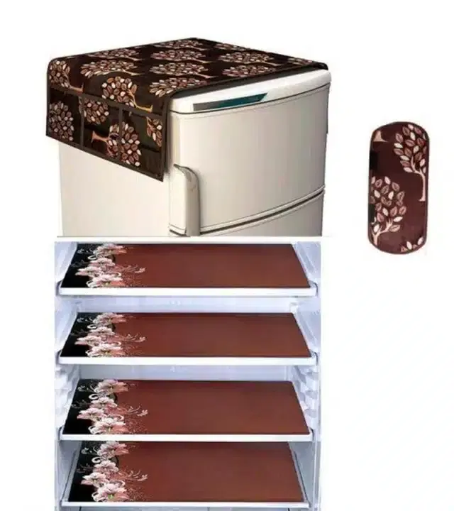 Knit Printed Fridge 4 Pcs Mat with Handle & Top Cover, Brown, Set of 1