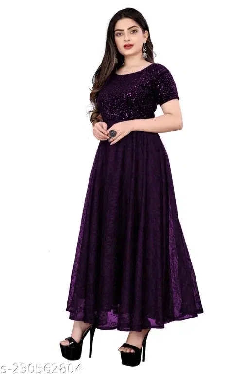 Net Embellished Gown for Women (Wine, L)